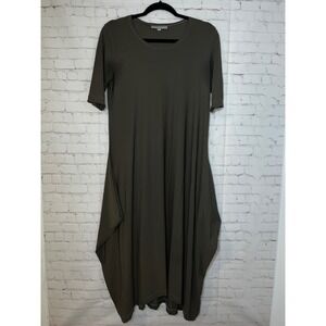 Bryn Walker Olive Green Bamboo Jersey Lantern Hem Midi Dress Short Sleeve Small